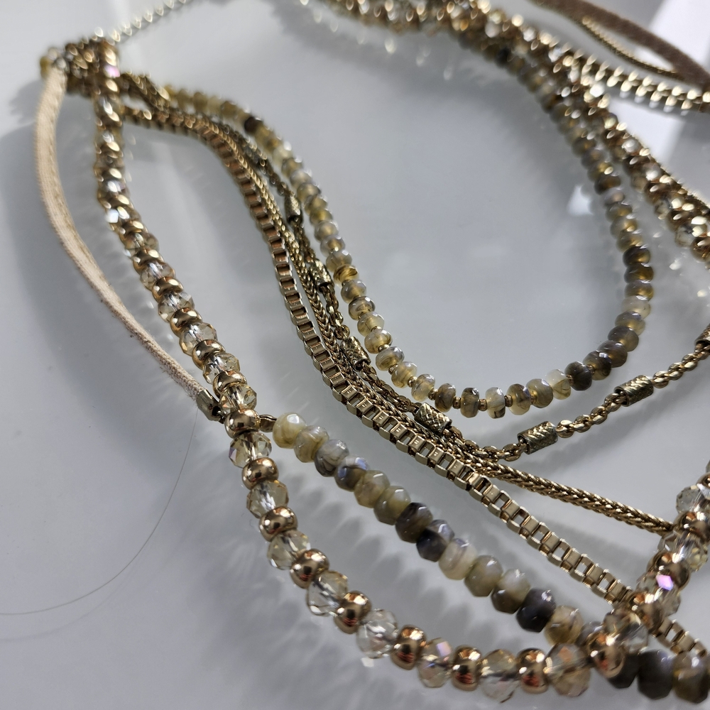 Layering Necklace Gold Tone and Green Beaded Adjustable